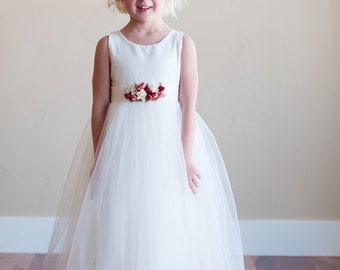 The Kew Dress is a Handmade to Measure Cotton Flower Girl Dress or First Communion Dress in Ivory and White with a Tulle Skirt