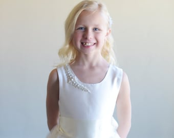 Handmade to Measure 'Crescent' Flower Girl Dress, First Communion Dress in Ivory Silk & White Satin with Crystal and Diamante, Pearl Motif