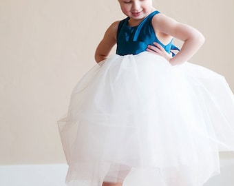 The Paradise Dress: Peacock blue Flower girl dress with romantic tutu skirt. Fully lined. Tutu bridesmaid dress. Tulle flower girl dress