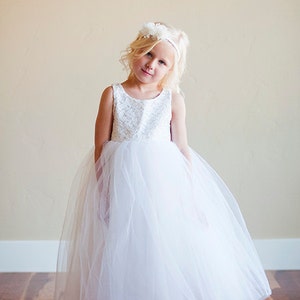 Handmade to Measure Lace flower Girl Dress or First Communion Dress in Ivory and White With a Full Tulle Skirt image 1