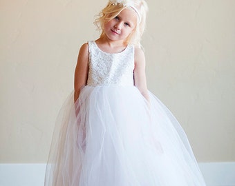 Handmade to Measure Lace flower Girl Dress or First Communion Dress in Ivory and White With a Full Tulle Skirt