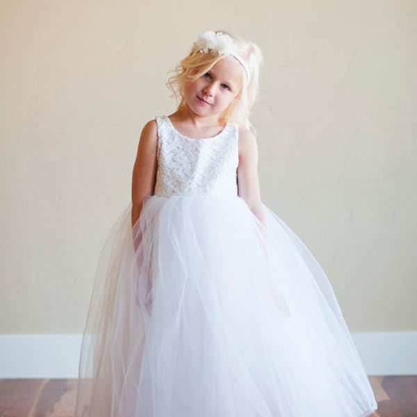 Handmade to Measure Lace flower Girl Dress or First Communion Dress in Ivory and White With a Full Tulle Skirt