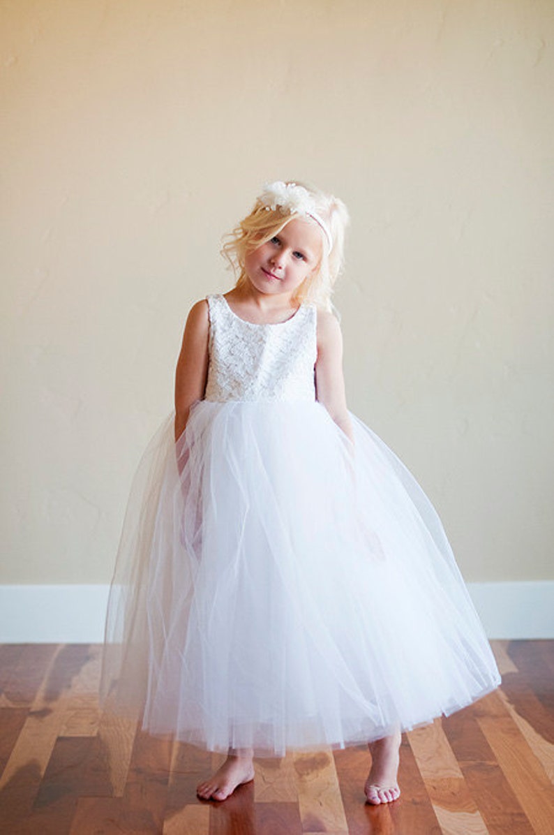 Handmade to Measure Lace flower Girl Dress or First Communion Dress in Ivory and White With a Full Tulle Skirt image 1