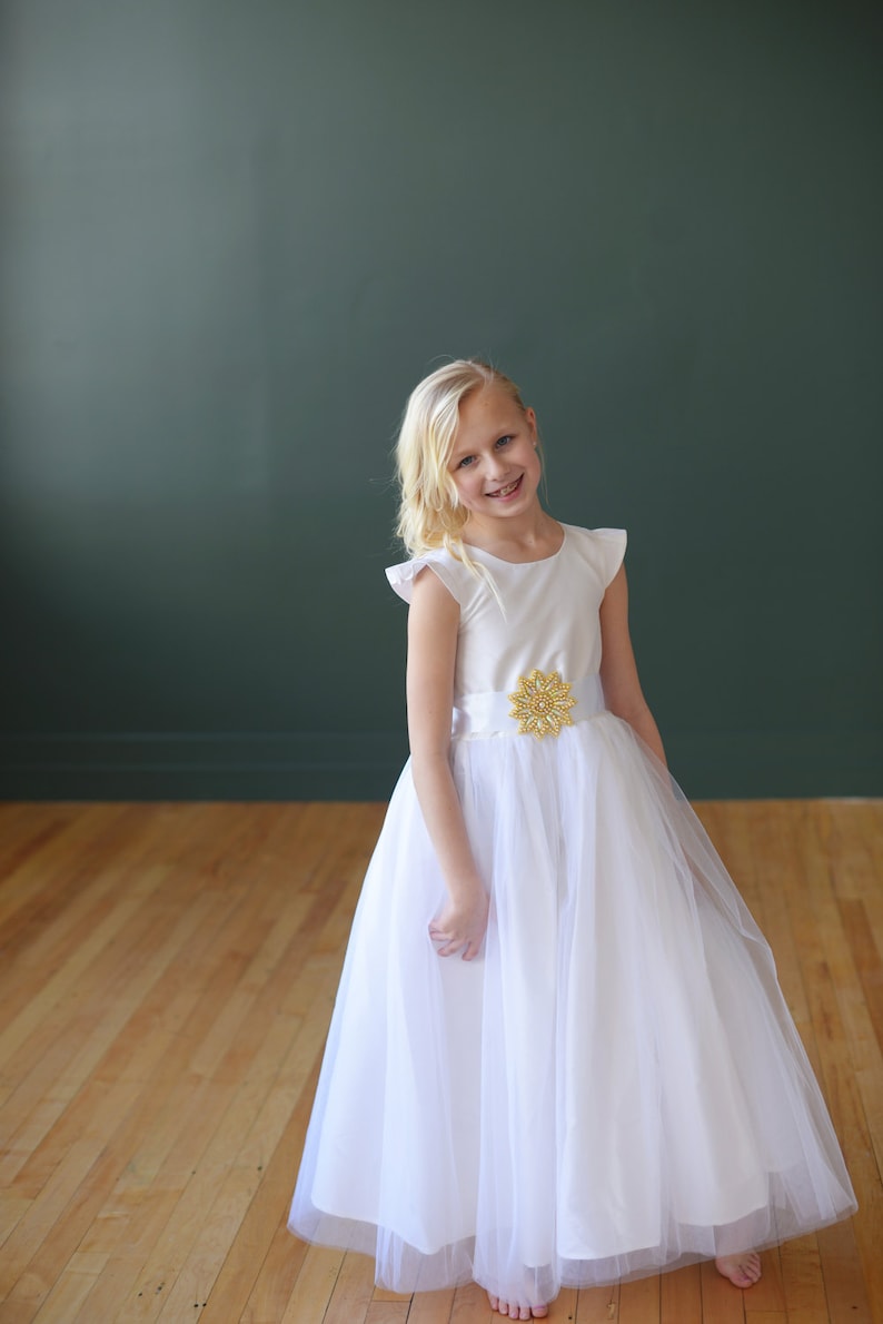 The Dovecote Handmade to Measure Silk Flower Girl Dress and First Communion Dress in Ivory and White with a Full Tulle Skirt image 4