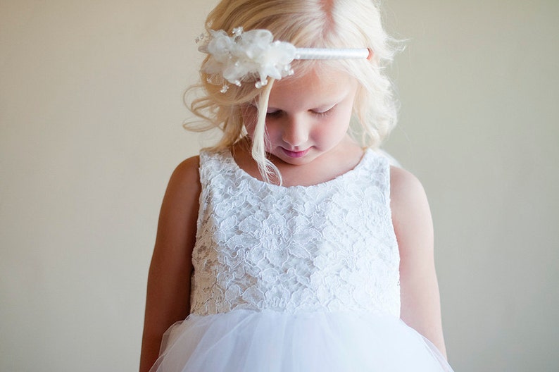 Handmade to Measure Lace flower Girl Dress or First Communion Dress in Ivory and White With a Full Tulle Skirt image 4