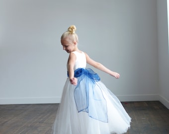 The Royal Blue organza flower girl dress, first communion dress, junior bridesmaid dress, with royal blue organza sash