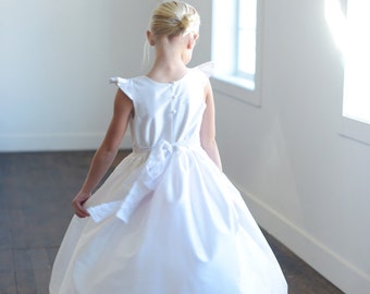 Handmade First Communion Dress or Flower Girl Dress in White and Ivory Pure Silk Available in 140 different silk colours