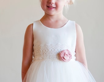 The Duchess Handmade to Measure Flower Girl Dress in Ivory and White with a Tulle Skirt and Lace Sash