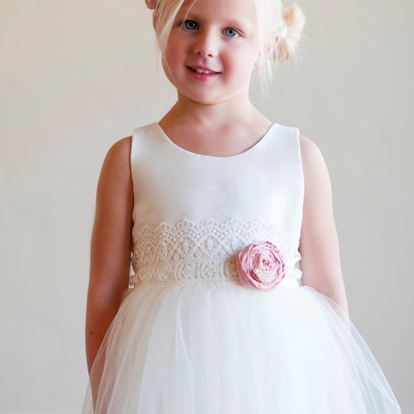 The Duchess Handmade to Measure Flower Girl Dress in Ivory and White with a Tulle Skirt and Lace Sash