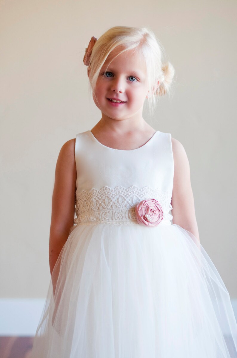 The Duchess Handmade to Measure Flower Girl Dress in Ivory and White with a Tulle Skirt and Lace Sash image 1