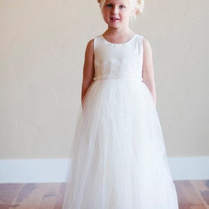 The Duchess Handmade to Measure Flower Girl Dress in Ivory and White with a Tulle Skirt and Lace Sash image 3