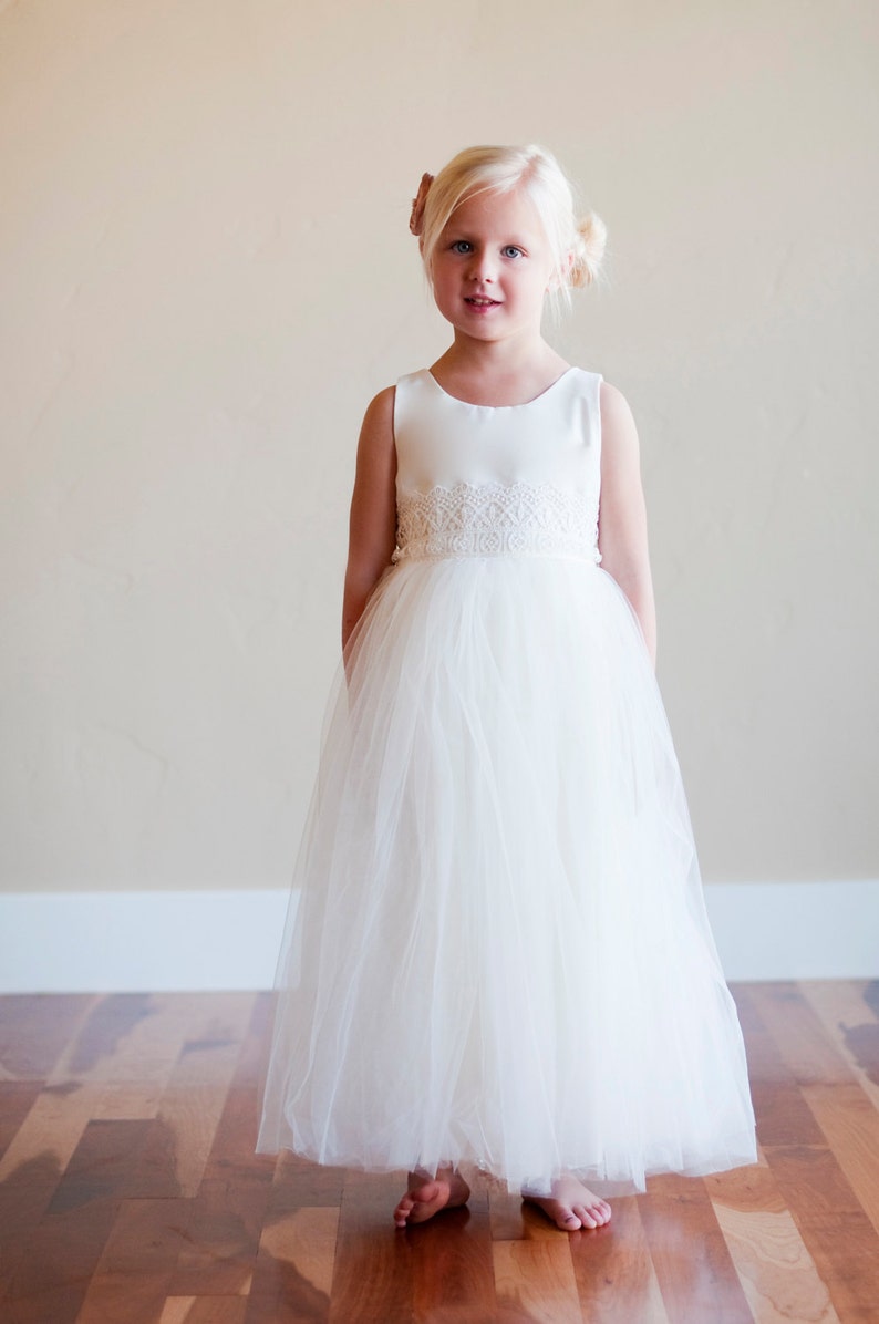 The Duchess Handmade to Measure Flower Girl Dress in Ivory and White with a Tulle Skirt and Lace Sash image 3