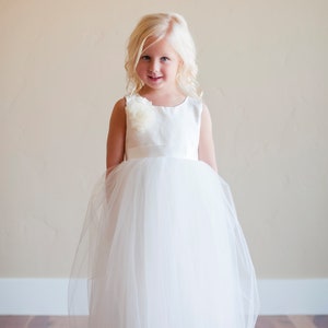 The Handmade to Measure Peony Silk Flower Girl Dress in Ivory and White with a Full Tulle Skirt image 3