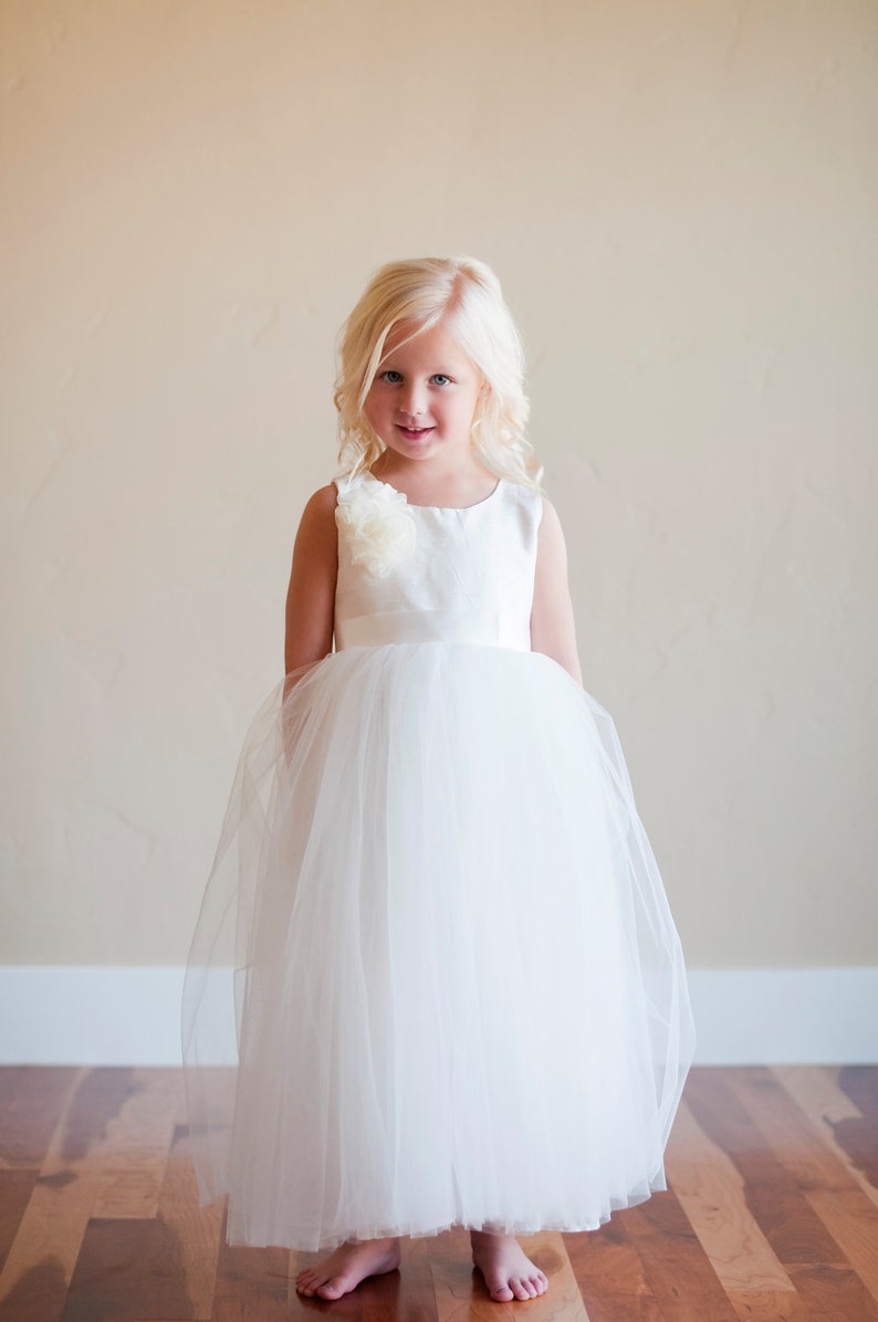 The Handmade to Measure Peony Silk Flower Girl Dress in Ivory and White with a Full Tulle Skirt image 3