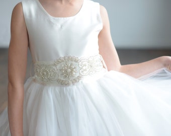 Handmade to Measure Flower Girl Dress and First Communion Dress in Pure Silk and Tulle with a Diamante Motif on the Sash