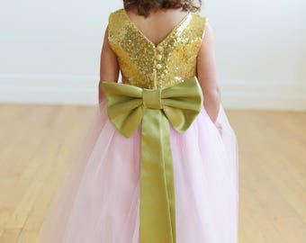 The Elisa Flower Girl Dress: Gold Flower Girl Dress, Pink Flower Girl Dress, V Back Flower Girl Dress