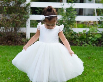 The 'Princess' Handmade to Measure Flower Girl Dress in Ivory and White with a Full Tulle Skirt