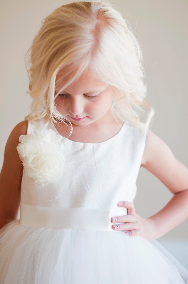 The Handmade to Measure Peony Silk Flower Girl Dress in Ivory and White with a Full Tulle Skirt image 2