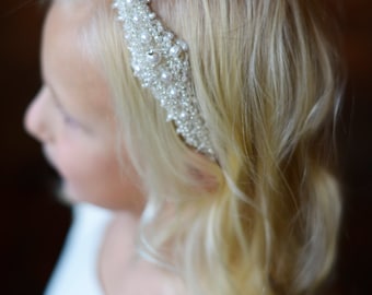 Handmade Flower girl and First Communion Headband in Ivory and White With a Crystal and Pearl Motif