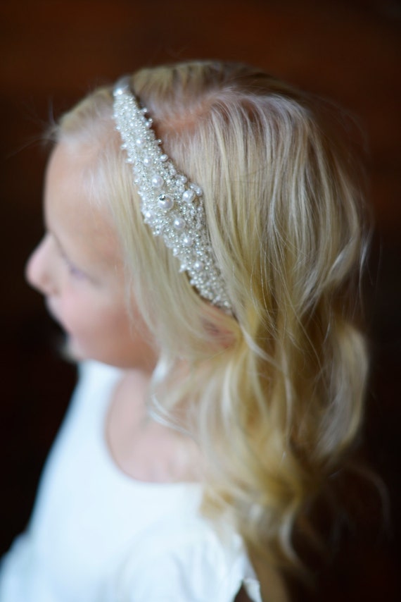 Handmade Flower girl and First Communion Headband in Ivory and White With a Crystal and Pearl Motif
