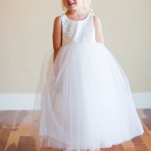 Handmade to Measure Lace flower Girl Dress or First Communion Dress in Ivory and White With a Full Tulle Skirt image 5