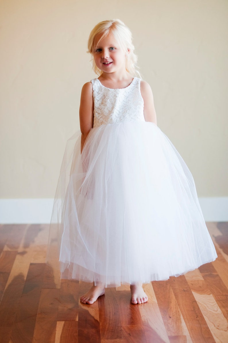 Handmade to Measure Lace flower Girl Dress or First Communion Dress in Ivory and White With a Full Tulle Skirt image 5