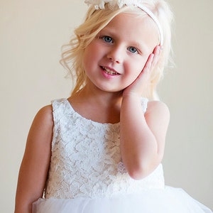 Handmade to Measure Lace flower Girl Dress or First Communion Dress in Ivory and White With a Full Tulle Skirt image 3