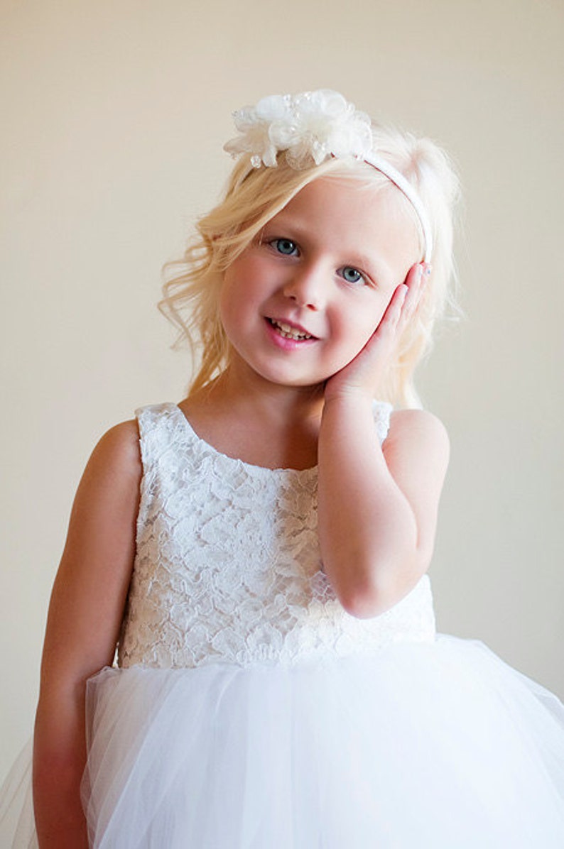 Handmade to Measure Lace flower Girl Dress or First Communion Dress in Ivory and White With a Full Tulle Skirt image 3