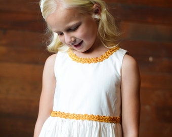 Handmade to Measure Gold brocade Flower Girl Dress in Ivory and White Cotton