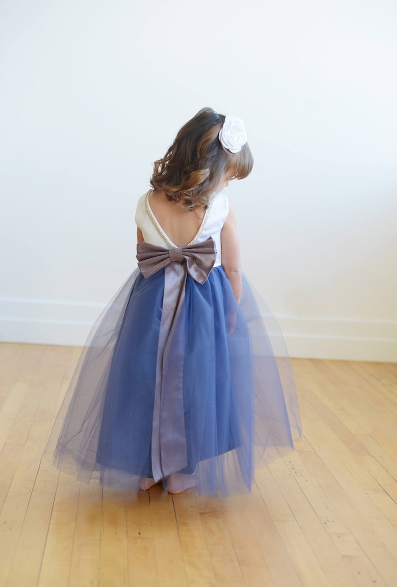 The Maria Flower Girl Dress, Blue Flower Girl Dress, Tulle Flower Girl Dress, V Back, White Dress image 3