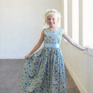 Blue floral print flower girl dress image 1