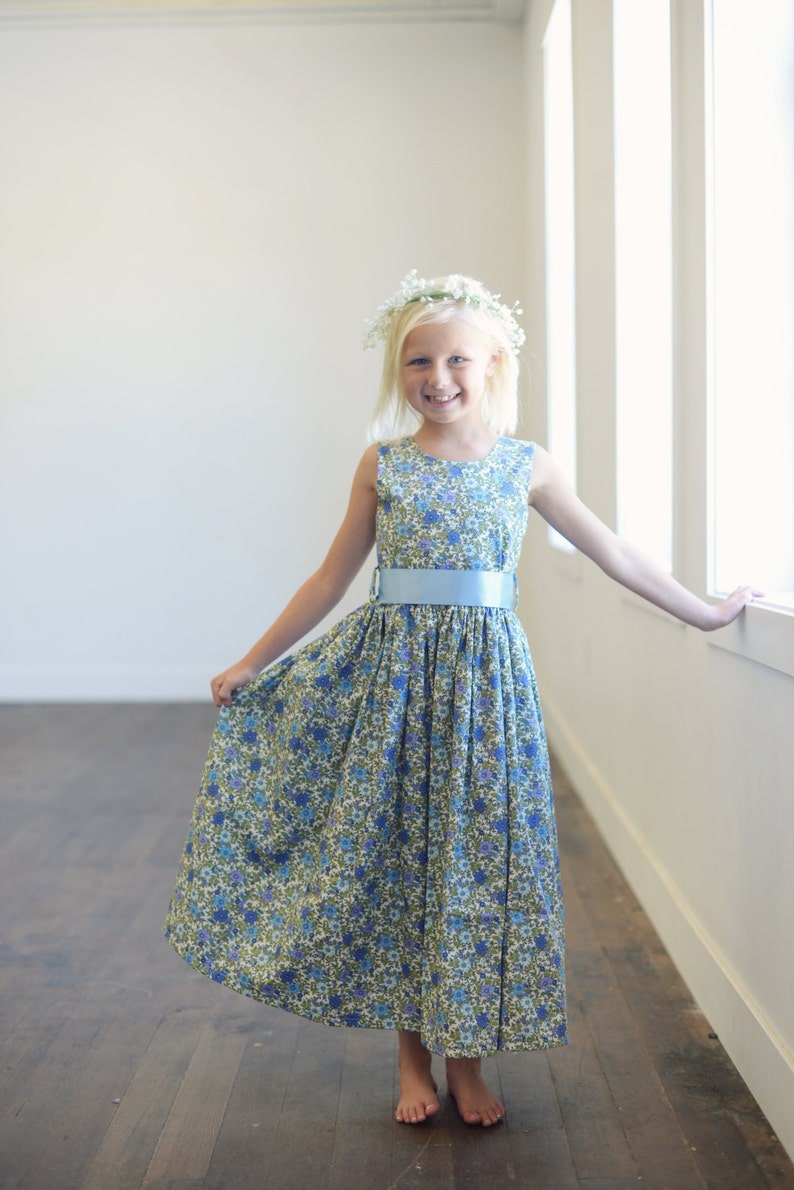 Blue floral print flower girl dress image 1