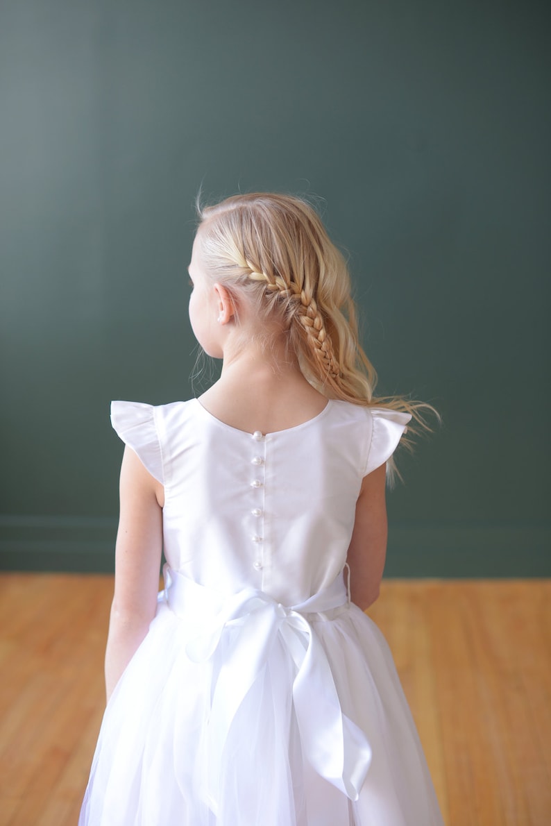 The Dovecote Handmade to Measure Silk Flower Girl Dress and First Communion Dress in Ivory and White with a Full Tulle Skirt image 5