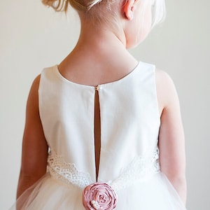 The Duchess Handmade to Measure Flower Girl Dress in Ivory and White with a Tulle Skirt and Lace Sash image 4