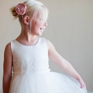 The Duchess Handmade to Measure Flower Girl Dress in Ivory and White with a Tulle Skirt and Lace Sash image 2