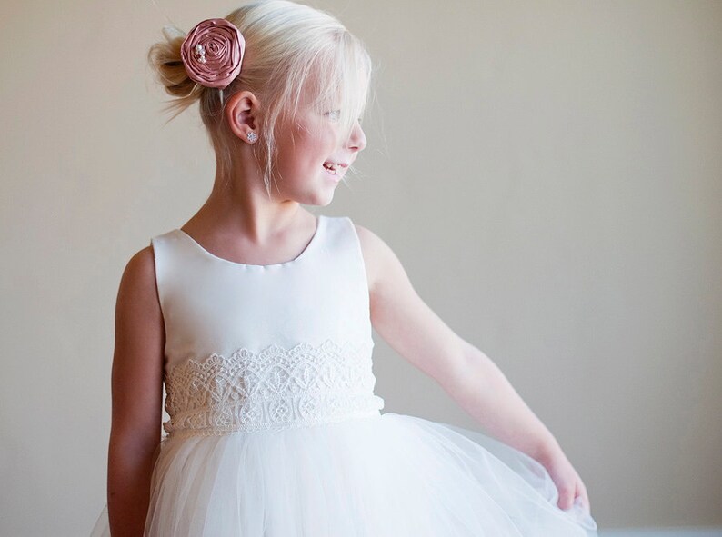 The Duchess Handmade to Measure Flower Girl Dress in Ivory and White with a Tulle Skirt and Lace Sash image 2