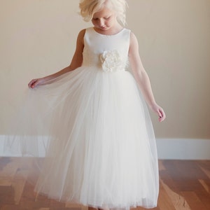 The Handmade to Measure Peony Silk Flower Girl Dress in Ivory and White with a Full Tulle Skirt image 5