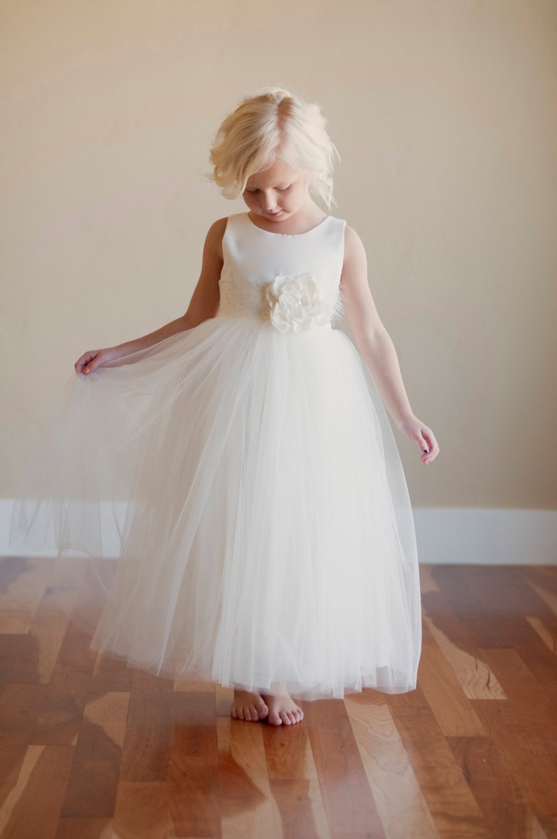 The Handmade to Measure Peony Silk Flower Girl Dress in Ivory and White with a Full Tulle Skirt image 5