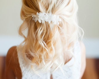 The Wood Anemone: Flower Girl Hair clip in in ivory and white with a rustic look and slight fray to the leaves