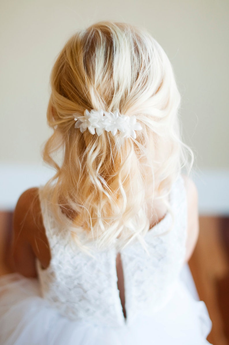 The Wood Anemone: Flower Girl Hair clip in in ivory and white with a rustic look and slight fray to the leaves image 1