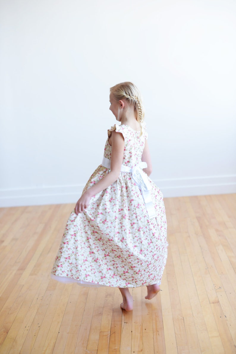 Floral print flower girl dress with diamante sash and butterfly sleeves image 4