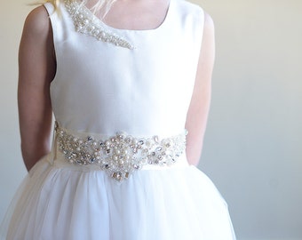 The Handmade to Measute Pearl Flower girl Dress or First Communion Dress in White Sastin or Ivory Silk