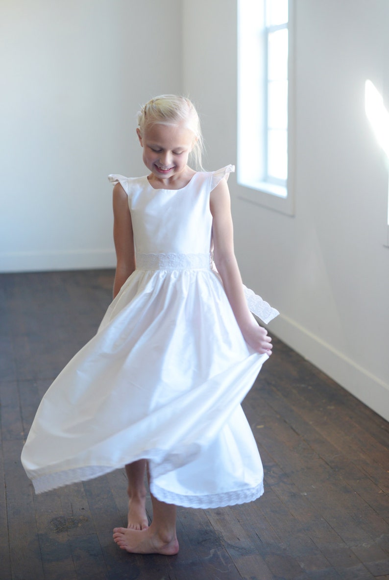 Handmade First Communion Dress or Flower Girl Dress in White and Ivory Pure Silk Available in 140 different silk colours image 2