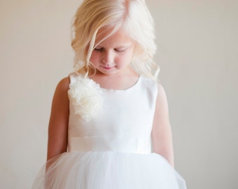 The Handmade to Measure Peony Silk Flower Girl Dress in Ivory and White with a Full Tulle Skirt