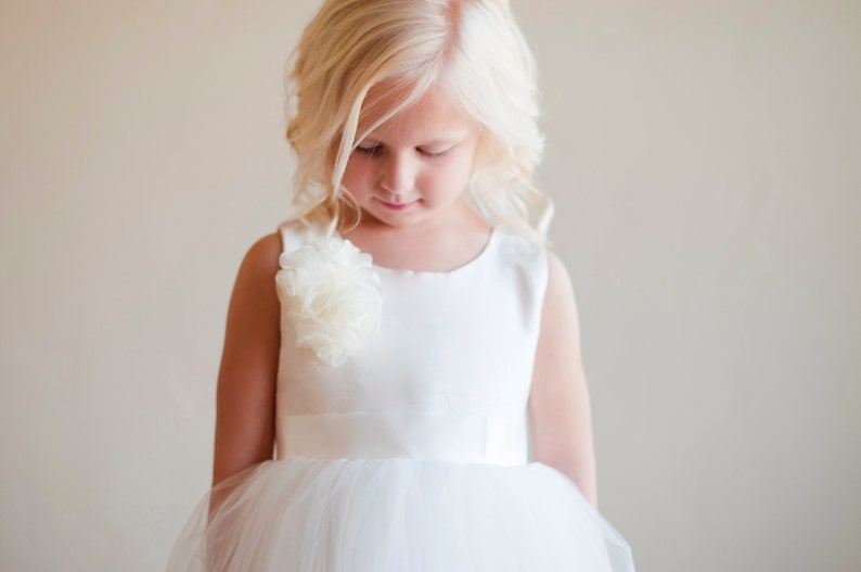 The Handmade to Measure Peony Silk Flower Girl Dress in Ivory and White with a Full Tulle Skirt image 1