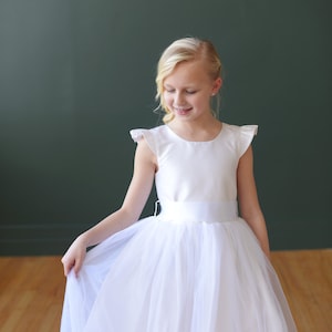 The Dovecote Handmade to Measure Silk Flower Girl Dress and First Communion Dress in Ivory and White with a Full Tulle Skirt image 1