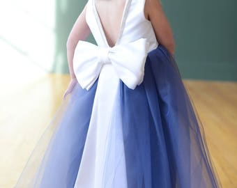 The Maria Flower Girl Dress, Blue Flower Girl Dress, Tulle Flower Girl Dress, V Back, White Dress