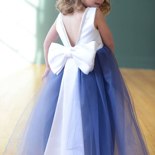 The Maria Flower Girl Dress, Blue Flower Girl Dress, Tulle Flower Girl Dress, V Back, White Dress