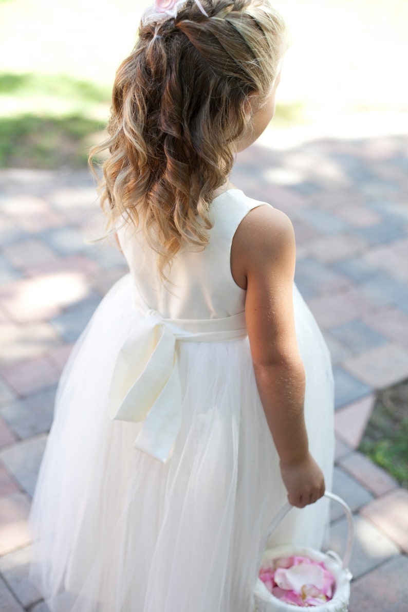 Handmade to Measure The Victoria Flower Girl Dress in Ivory and White with Hand Rolled Silk Flower and a Full Cotton and Tulle Skirt image 3