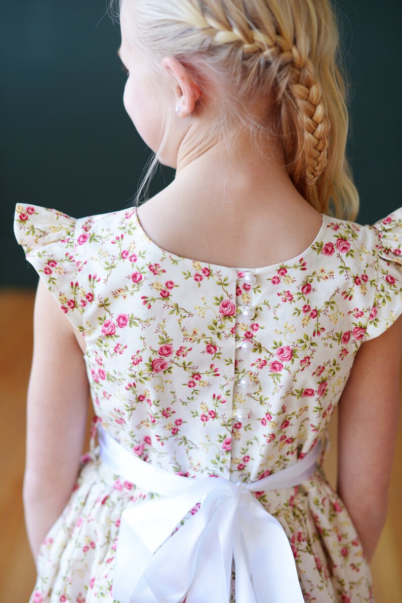 Floral print flower girl dress with diamante sash and butterfly sleeves image 2